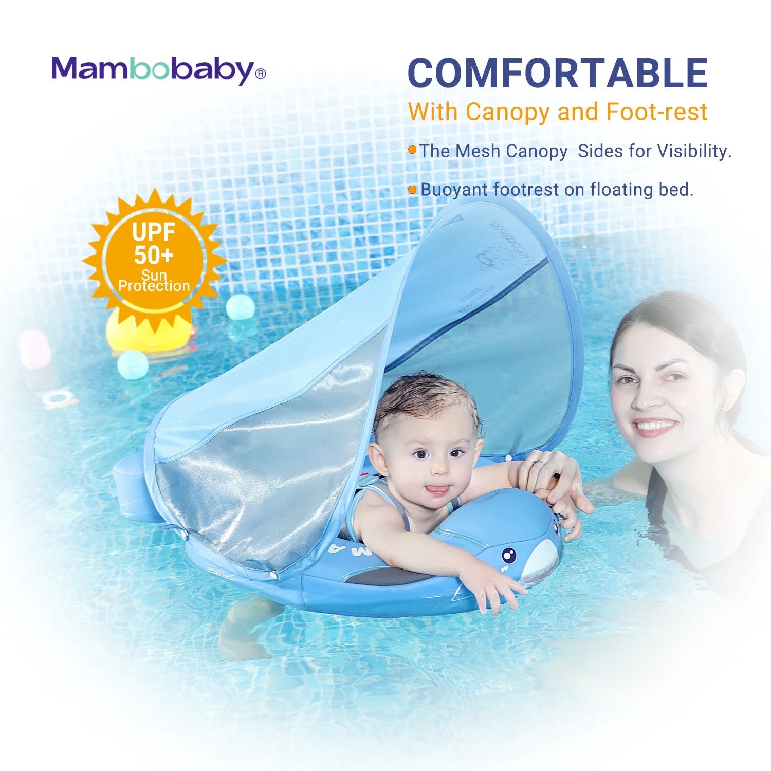 Mambobaby Pool Float with Canopy and Tail  Shark (Blue)